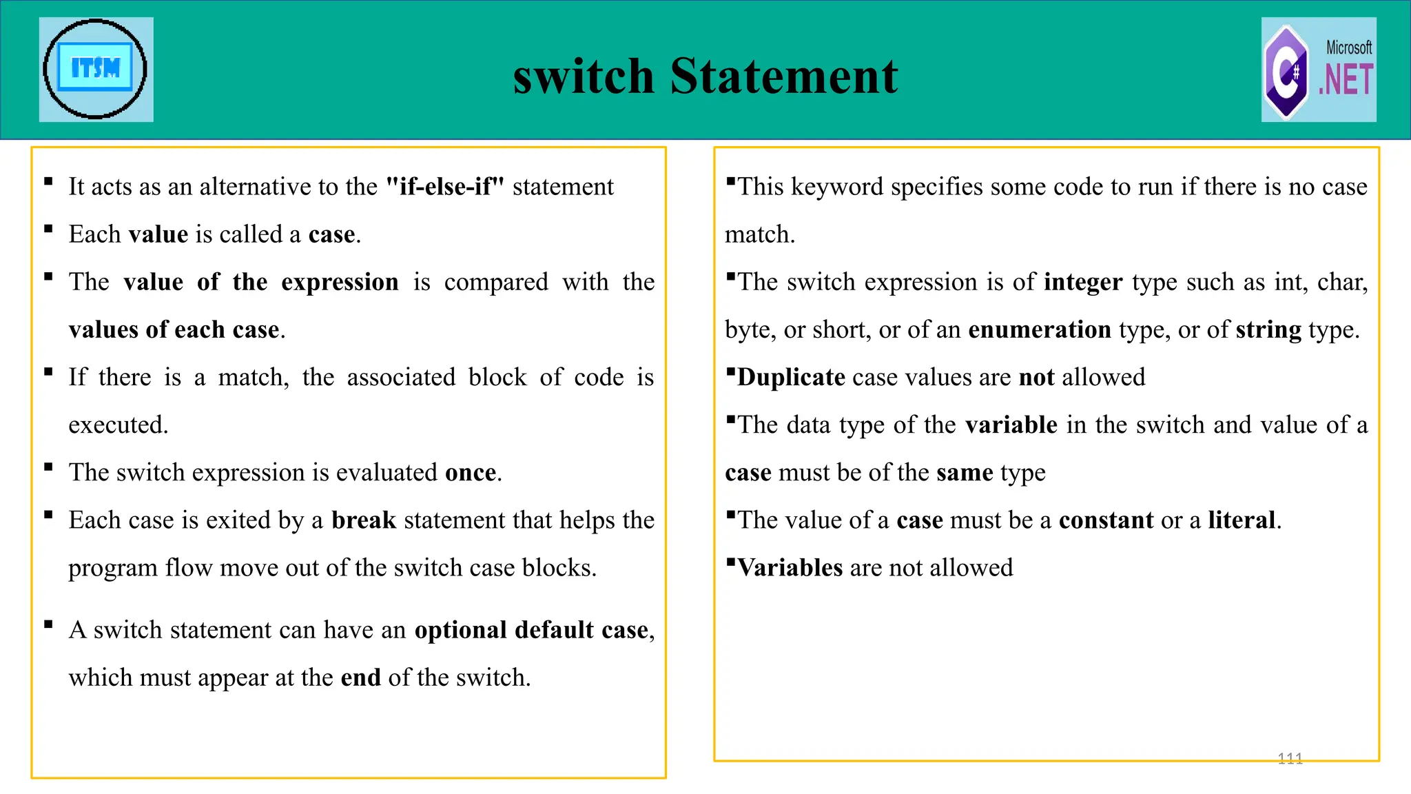 switch Statement
 It acts as an alternative to the "if-else-if" statement
 Each value is called a case.
 The value of the expression is compared with the
values of each case.
 If there is a match, the associated block of code is
executed.
 The switch expression is evaluated once.
 Each case is exited by a break statement that helps the
program flow move out of the switch case blocks.
 A switch statement can have an optional default case,
which must appear at the end of the switch.
111
This keyword specifies some code to run if there is no case
match.
The switch expression is of integer type such as int, char,
byte, or short, or of an enumeration type, or of string type.
Duplicate case values are not allowed
The data type of the variable in the switch and value of a
case must be of the same type
The value of a case must be a constant or a literal.
Variables are not allowed
 
