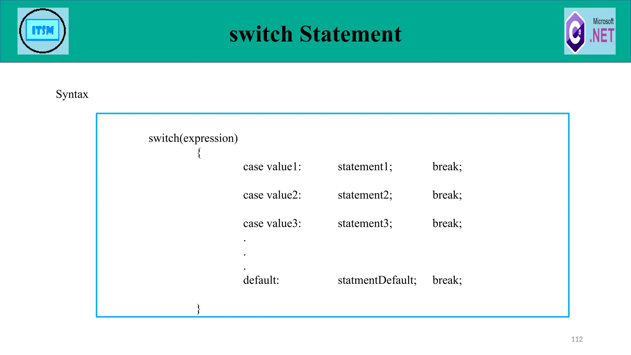 switch Statement
Syntax
112
switch(expression)
{
case value1: statement1; break;
case value2: statement2; break;
case value3: statement3; break;
.
.
.
default: statmentDefault; break;
}
 