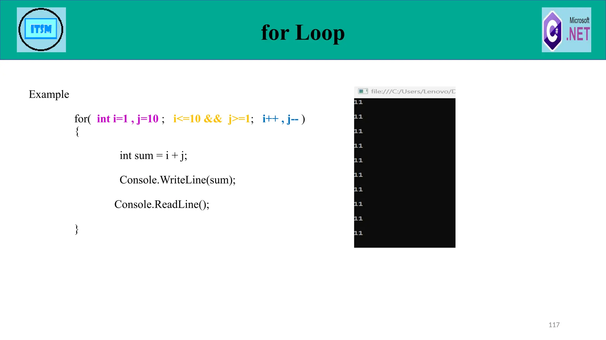 for Loop
Example
for( int i=1 , j=10 ; i<=10 && j>=1; i++ , j-- )
{
int sum = i + j;
Console.WriteLine(sum);
Console.ReadLine();
}
117
 