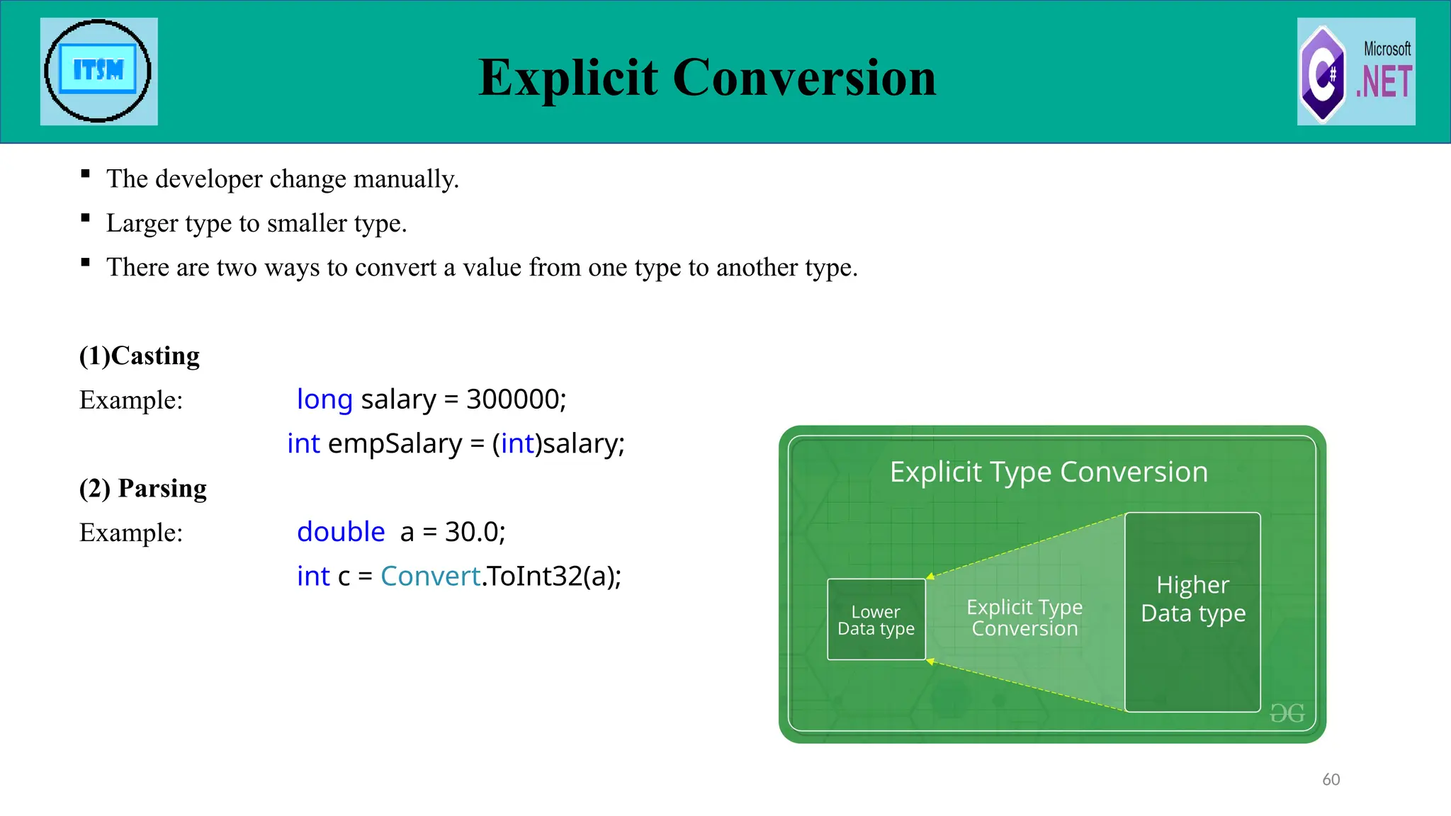  The developer change manually.
 Larger type to smaller type.
 There are two ways to convert a value from one type to another type.
(1)Casting
Example: long salary = 300000;
int empSalary = (int)salary;
(2) Parsing
Example: double a = 30.0;
int c = Convert.ToInt32(a);
Explicit Conversion
60
 