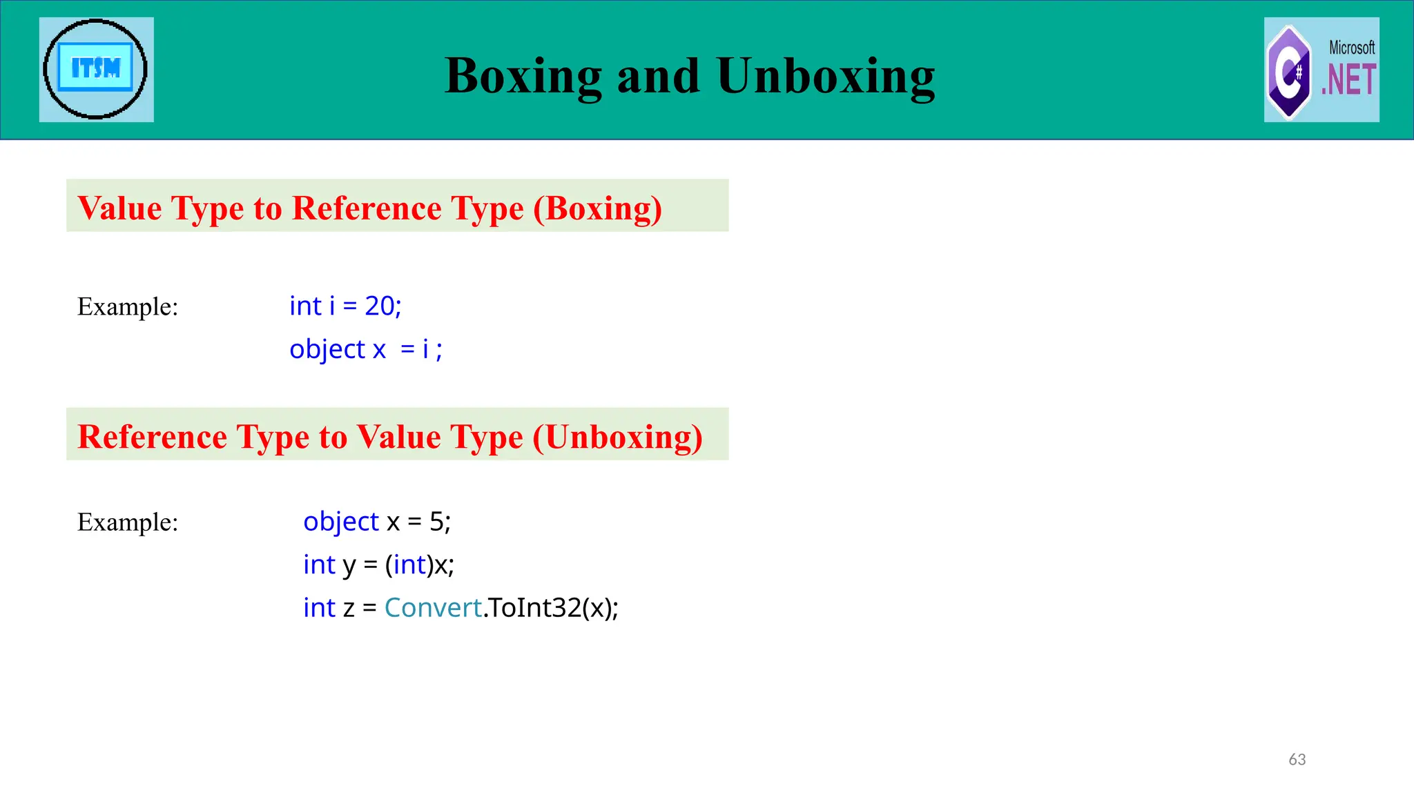Example: int i = 20;
object x = i ;
Example: object x = 5;
int y = (int)x;
int z = Convert.ToInt32(x);
Boxing and Unboxing
63
Value Type to Reference Type (Boxing)
Reference Type to Value Type (Unboxing)
 