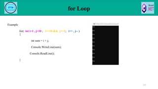 for Loop
Example
for( int i=1 , j=10 ; i<=10 && j>=1; i++ , j-- )
{
int sum = i + j;
Console.WriteLine(sum);
Console.ReadLine();
}
117
 