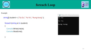 foreach Loop
Example
string[] student = { "Su Su", "Yu Yu", "Aung Aung" };
foreach (string st in student)
{
Console.WriteLine(st);
Console.ReadLine();
}
119
 