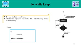 do while Loop
Syntax
122
 It works similar to a while loop.
 The Boolean expression is evaluated at the end of the loop instead
of the beginning.
do
{
statement
}while ( condition);
 