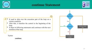 continue Statement
Syntax
continue;
127
 It used to skip over the execution part of the loop on a
certain condition.
 After that, it transfers the control to the beginning of the
loop.
 It skips its following statements and continues with the next
iteration of the loop.
 