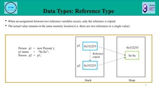  When an assignment between two reference variables occurs, only the reference is copied
 The actual value remains in the same memory location (i.e. there are two references to a single value)
Data Types: Reference Type
37
Person p1 = new Person( );
p1.name = “Su Su”;
Person p2 = p1;
Stack Heap
0x332255
0x332255
p1
p2
Su Su
0x332255
Reference
copied
 