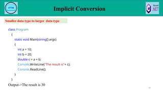class Program
{
static void Main(string[] args)
{
int a = 10;
int b = 20;
double c = a + b;
Console.WriteLine("The result is"+ c);
Console.ReadLine();
}
}
Output->The result is 30
Implicit Conversion
59
Smaller data type to larger data type
 