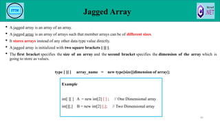Jagged Array
85
 A jagged array is an array of an array.
 A jagged array is an array of arrays such that member arrays can be of different sizes.
 It stores arrays instead of any other data type value directly.
 A jagged array is initialized with two square brackets [ ][ ].
 The first bracket specifies the size of an array and the second bracket specifies the dimension of the array which is
going to store as values.
type [ ][ ] array_name = new type[size][dimension of array];
Example
int[ ][ ] A = new int[2] [ ] ; // One Dimensional array
int[][,] B = new int[2] [,]; // Two Dimensional array
 