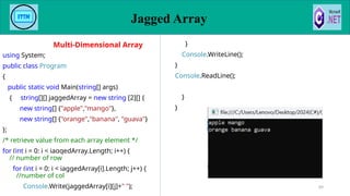 89
using System;
public class Program
{
public static void Main(string[] args)
{ string[][] jaggedArray = new string [2][] {
new string[] {"apple","mango"},
new string[] {"orange","banana", "guava"}
};
/* retrieve value from each array element */
for (int i = 0; i < jaggedArray.Length; i++) {
// number of row
for (int j = 0; j < jaggedArray[i].Length; j++) {
//number of col
Console.Write(jaggedArray[i][j]+" ");
}
Console.WriteLine();
}
Console.ReadLine();
}
}
Multi-Dimensional Array
Jagged Array
 