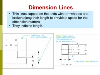 Dimension Lines
• Thin lines capped on the ends with arrowheads and
broken along their length to provide a space for the
dimension numeral.
• They indicate length.
 