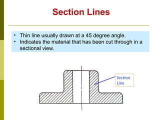 Section Lines
• Thin line usually drawn at a 45 degree angle.
• Indicates the material that has been cut through in a
sectional view.
Section
Line
 
