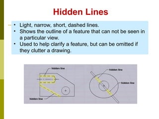 Hidden Lines
• Light, narrow, short, dashed lines.
• Shows the outline of a feature that can not be seen in
a particular view.
• Used to help clarify a feature, but can be omitted if
they clutter a drawing.
 