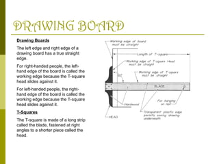 DRAWING BOARD
Drawing Boards
The left edge and right edge of a
drawing board has a true straight
edge.
For right-handed people, the left-
hand edge of the board is called the
working edge because the T-square
head slides against it.
For left-handed people, the right-
hand edge of the board is called the
working edge because the T-square
head slides against it.
T-Squares
The T-square is made of a long strip
called the blade, fastened at right
angles to a shorter piece called the
head.
 