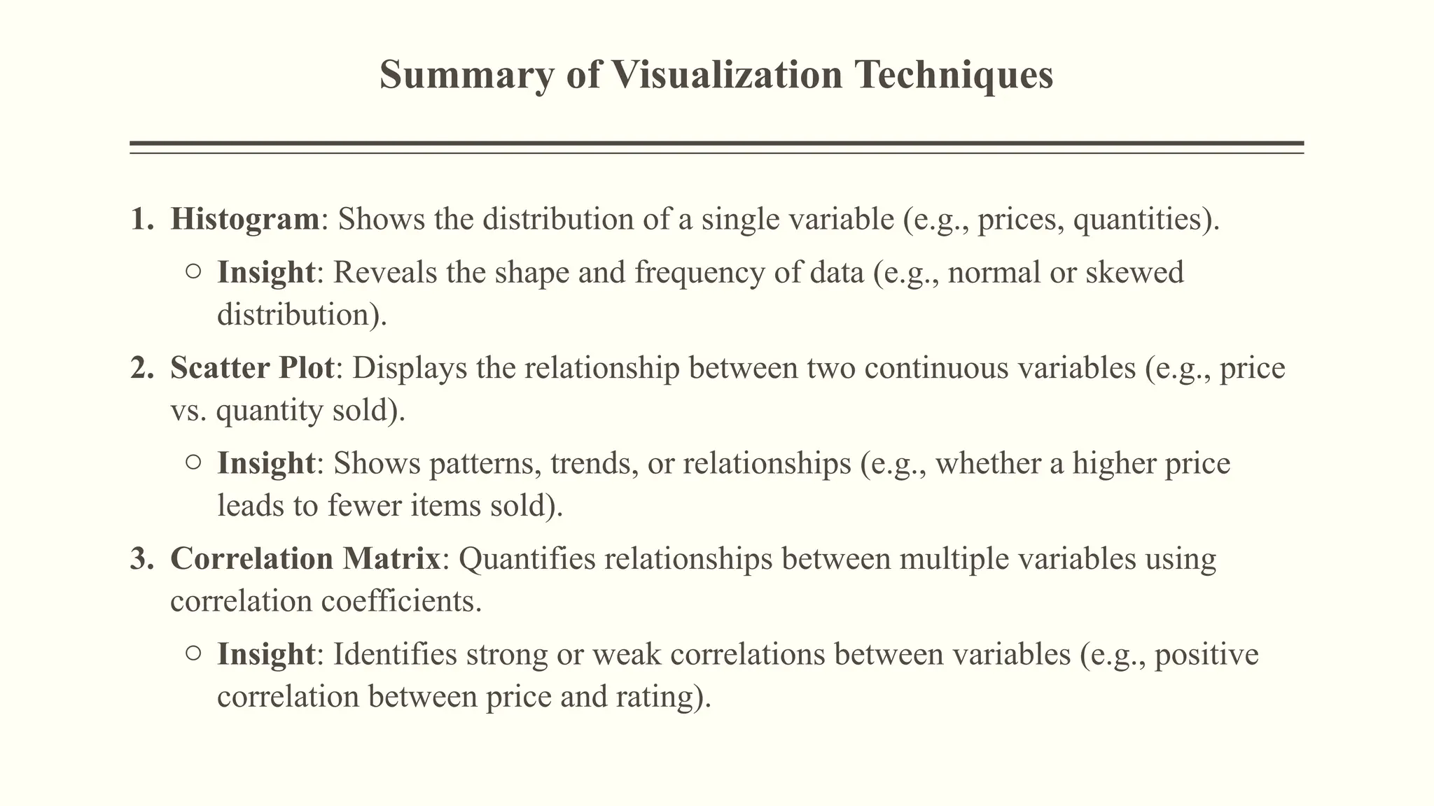 Summary of Visualization Techniques
1. Histogram: Shows the distribution of a single variable (e.g., prices, quantities).
o Insight: Reveals the shape and frequency of data (e.g., normal or skewed
distribution).
2. Scatter Plot: Displays the relationship between two continuous variables (e.g., price
vs. quantity sold).
o Insight: Shows patterns, trends, or relationships (e.g., whether a higher price
leads to fewer items sold).
3. Correlation Matrix: Quantifies relationships between multiple variables using
correlation coefficients.
o Insight: Identifies strong or weak correlations between variables (e.g., positive
correlation between price and rating).
 