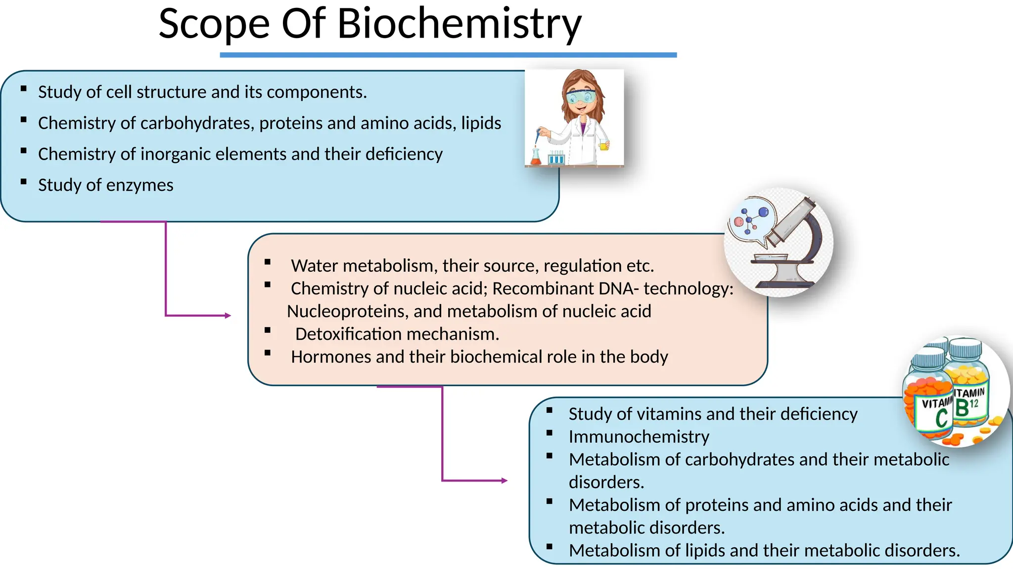 Scope Of Biochemistry
 Study of cell structure and its components.
 Chemistry of carbohydrates, proteins and amino acids, lipids
 Chemistry of inorganic elements and their deficiency
 Study of enzymes
 Study of vitamins and their deficiency
 Immunochemistry
 Metabolism of carbohydrates and their metabolic
disorders.
 Metabolism of proteins and amino acids and their
metabolic disorders.
 Metabolism of lipids and their metabolic disorders.
 Water metabolism, their source, regulation etc.
 Chemistry of nucleic acid; Recombinant DNA- technology:
Nucleoproteins, and metabolism of nucleic acid
 Detoxification mechanism.
 Hormones and their biochemical role in the body
 