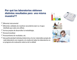 Por qué los laboratorios obtienen
distintos resultados para una misma
muestra??
 Diferente instrumental
 Diferentes calidades de reactivos secundarios (por ej. el agua
destilada que cada uno utiliza),
 Formas propias de desarrollar la metodología,
 Personal (analista)
 Procesamiento de resultados, etc.
 Esta particularidad individual determina el error sistemático propio de
cada laboratorio con respecto a la media de todos los laboratorios en
un programa de evaluación externa de la calidad
 