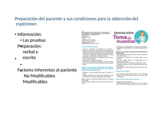 :
Preparación del paciente y sus condiciones para la obtención del
espécimen
Información:
Las pruebas
Preparación:
verbal y
escrito
Factores inherentes al paciente
No Modificables
Modificables
 
