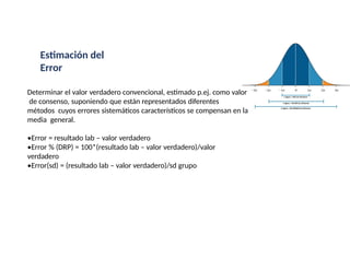 Estimación del
Error
Determinar el valor verdadero convencional, estimado p.ej. como valor
de consenso, suponiendo que están representados diferentes
métodos cuyos errores sistemáticos característicos se compensan en la
media general.
•Error = resultado lab – valor verdadero
•Error % (DRP) = 100*(resultado lab – valor verdadero)/valor
verdadero
•Error(sd) = (resultado lab – valor verdadero)/sd grupo
 
