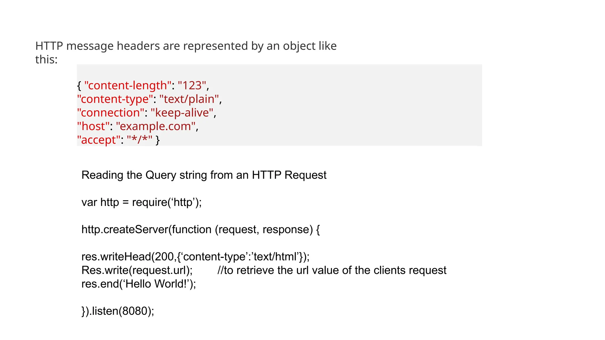 { "content-length": "123",
"content-type": "text/plain",
"connection": "keep-alive",
"host": "example.com",
"accept": "*/*" }
HTTP message headers are represented by an object like
this:
Reading the Query string from an HTTP Request
var http = require(‘http’);
http.createServer(function (request, response) {
res.writeHead(200,{‘content-type’:’text/html’});
Res.write(request.url); //to retrieve the url value of the clients request
res.end(‘Hello World!’);
}).listen(8080);
 