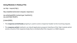 Using Modules in Node.js File:
var http = require(‘http’);
http.createServer(function (request, response) {
res.writeHead(200,{‘content-type’:’text/html’});
res.end(‘Hello World!’);
}).listen(8080);
• The response.writeHead() property is used to send a response header to the incoming request.
• The response.write() method is an inbuilt Application program Interface of the ‘http’ module which
sends a chunk of the response body that is omitted when the request is a HEAD request.
 