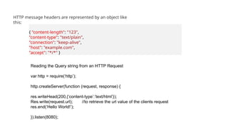 { "content-length": "123",
"content-type": "text/plain",
"connection": "keep-alive",
"host": "example.com",
"accept": "*/*" }
HTTP message headers are represented by an object like
this:
Reading the Query string from an HTTP Request
var http = require(‘http’);
http.createServer(function (request, response) {
res.writeHead(200,{‘content-type’:’text/html’});
Res.write(request.url); //to retrieve the url value of the clients request
res.end(‘Hello World!’);
}).listen(8080);
 