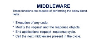 MIDDLEWARE
These functions are capable of performing the below-listed
tasks:
• Execution of any code.
• Modify the request and the response objects.
• End applications request- response cycle.
• Call the next middleware present in the cycle.
 