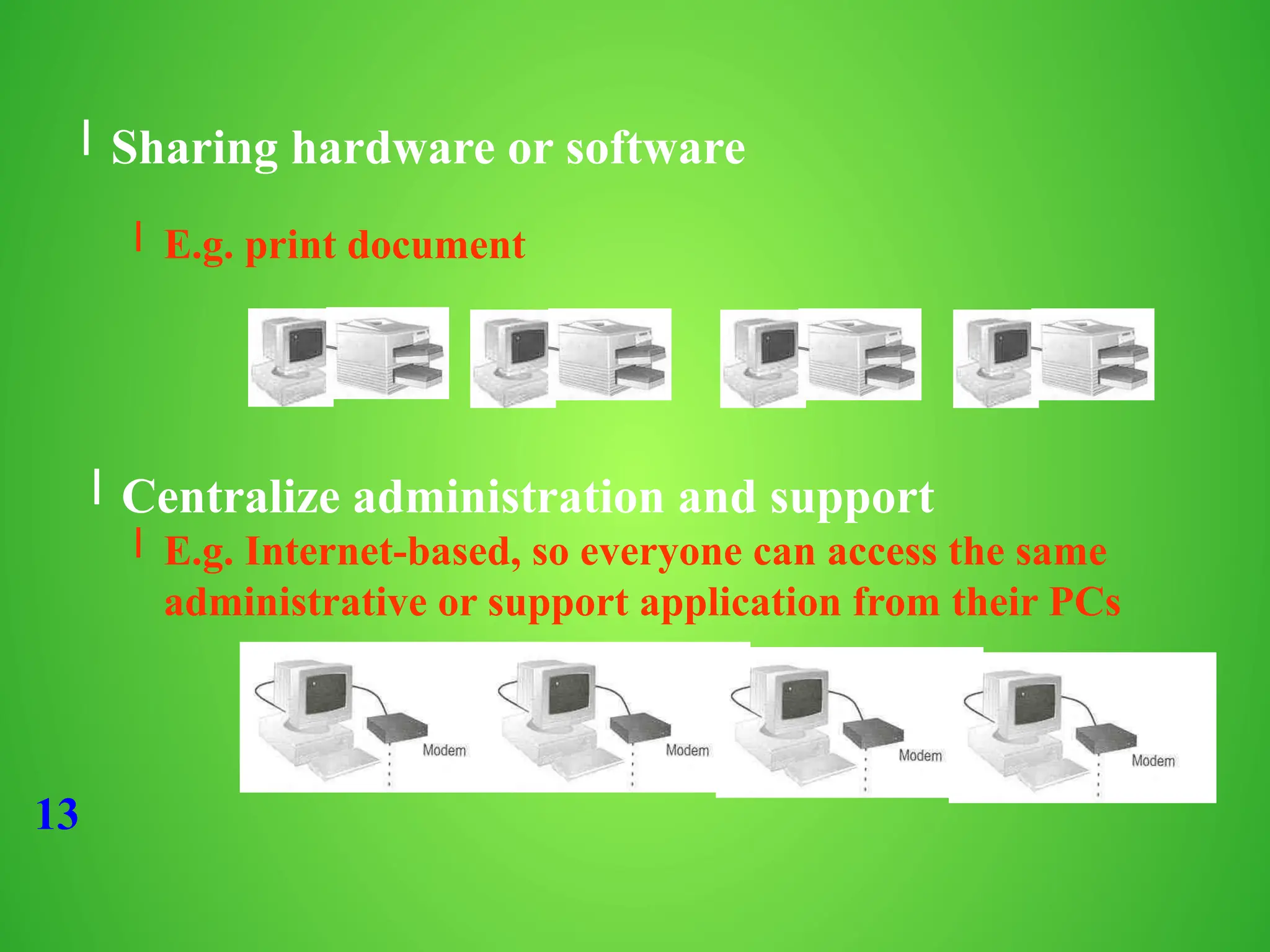 13
l Sharing hardware or software
l Centralize administration and support
l E.g. print document
l E.g. Internet-based, so everyone can access the same
administrative or support application from their PCs
 