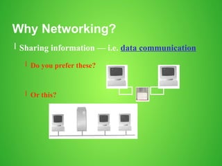 Why Networking?
l Sharing information — i.e. data communication
l Do you prefer these?
l Or this?
 