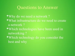 Questions to Answer
Why do we need a network ?
What infrastructure do we need to create
a network ?
Which technologies have been used in
networking ?
Which technology do you consider the
best and why
 