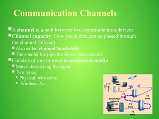 Communication Channels
A channel is a path between two communication devices
Channel capacity: How much data can be passed through
the channel (bit/sec)
 Also called channel bandwidth
 The smaller the pipe the slower data transfer!
Consists of one or more transmission media
 Materials carrying the signal
 Two types:
 Physical: wire cable
 Wireless: Air
destination
network
server
T1
lines
T1
lines
T1
lines
T3
lines
 