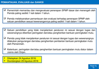 PEMANTAUAN, EVALUASI dan SANKSI
 Pemerintah memantau dan mengevaluasi penerapan SPMP dasar dan menengah oleh
Pemda paling sedikit 1 kali dalam 1 tahun.
 Pemda melaksanakan pemantauan dan evaluasi terhadap penerapan SPMP oleh
satuan pendidikan sesuai kewenangannya paling sedikit 1 kali dalam 1 tahun.
Pasal 12,
13
 Satuan pendidikan yang tidak menjalankan peraturan ini sesuai dengan tugas dan
wewenangnya diberikan peringatan dan/atau penghentian bantuan peningkatan mutu.
 Pemda yang tidak menjalankan peraturan ini sesuai dengan tugas dan wewenangnya
dilakukan pengurangan dan/atau penghentian pemberian bantuan peningkatan mutu
oleh Pemerintah.
 Ketentuan, peringatan dan/atau penghentian bantuan peningkatan mutu diatur dalam
Juknis oleh Dirjen.
 Ditetapkan 24 Agustus 2016.
 Diundangkan 29 Agustus 2016
 