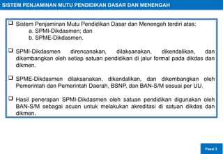 SISTEM PENJAMINAN MUTU PENDIDIKAN DASAR DAN MENENGAH
 Sistem Penjaminan Mutu Pendidikan Dasar dan Menengah terdiri atas:
a. SPMI-Dikdasmen; dan
b. SPME-Dikdasmen.
 SPMI-Dikdasmen direncanakan, dilaksanakan, dikendalikan, dan
dikembangkan oleh setiap satuan pendidikan di jalur formal pada dikdas dan
dikmen.
 SPME-Dikdasmen dilaksanakan, dikendalikan, dan dikembangkan oleh
Pemerintah dan Pemerintah Daerah, BSNP, dan BAN-S/M sesuai per UU.
 Hasil penerapan SPMI-Dikdasmen oleh satuan pendidikan digunakan oleh
BAN-S/M sebagai acuan untuk melakukan akreditasi di satuan dikdas dan
dikmen.
Pasal 3
 