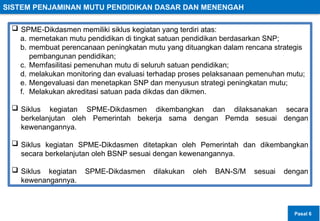 SISTEM PENJAMINAN MUTU PENDIDIKAN DASAR DAN MENENGAH
 SPME-Dikdasmen memiliki siklus kegiatan yang terdiri atas:
a. memetakan mutu pendidikan di tingkat satuan pendidikan berdasarkan SNP;
b. membuat perencanaan peningkatan mutu yang dituangkan dalam rencana strategis
pembangunan pendidikan;
c. Memfasilitasi pemenuhan mutu di seluruh satuan pendidikan;
d. melakukan monitoring dan evaluasi terhadap proses pelaksanaan pemenuhan mutu;
e. Mengevaluasi dan menetapkan SNP dan menyusun strategi peningkatan mutu;
f. Melakukan akreditasi satuan pada dikdas dan dikmen.
 Siklus kegiatan SPME-Dikdasmen dikembangkan dan dilaksanakan secara
berkelanjutan oleh Pemerintah bekerja sama dengan Pemda sesuai dengan
kewenangannya.
 Siklus kegiatan SPME-Dikdasmen ditetapkan oleh Pemerintah dan dikembangkan
secara berkelanjutan oleh BSNP sesuai dengan kewenangannya.
 Siklus kegiatan SPME-Dikdasmen dilakukan oleh BAN-S/M sesuai dengan
kewenangannya.
Pasal 6
 