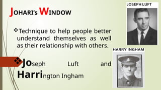 JOHARI’s WINDOW
Technique to help people better
understand themselves as well
as their relationship with others.
Joseph Luft and
Harrington Ingham
 