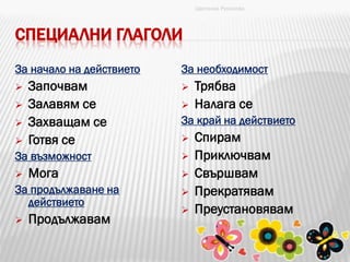 СПЕЦИАЛНИ ГЛАГОЛИ
За начало на действието
 Започвам
 Залавям се
 Захващам се
 Готвя се
За възможност
 Мога
За продължаване на
действието
 Продължавам
За необходимост
 Трябва
 Налага се
За край на действието
 Спирам
 Приключвам
 Свършвам
 Прекратявам
 Преустановявам
Цветанка Русинова
 