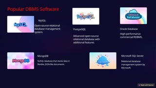 Popular DBMS Software
MySQL
Open-source relational
database management
system.
PostgreSQL
Advanced open-source
relational database with
additional features.
Oracle Database
High-performance
commercial RDBMS.
Microsoft SQL Server
Relational database
management system by
Microsoft.
MongoDB
NoSQL database that stores data in
flexible, JSON-like documents.
 