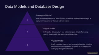 Data Models and Database Design
1
Conceptual Model
High-level representation of data, focusing on entities and their relationships. It
captures the essence of the data without details.
2
Logical Model
Defines the data structure and relationships in detail, often using
specific data models like relational or hierarchical.
3
Physical Model
Details how data is stored and accessed physically, including
file organization and indexing strategies. It focuses on the
underlying storage mechanisms.
 