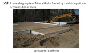 Soil used for Backfilling
Soil: A natural Aggregate of Mineral Grains formed by the disintegration or
decomposition of rocks
 