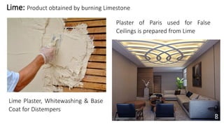 Lime: Product obtained by burning Limestone
Lime Plaster, Whitewashing & Base
Coat for Distempers
Plaster of Paris used for False
Ceilings is prepared from Lime
 