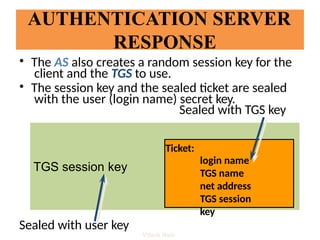 AUTHENTICATION SERVER
RESPONSE
Sealed with user key
TGS session key
• The AS also creates a random session key for the
client and the TGS to use.
• The session key and the sealed ticket are sealed
with the user (login name) secret key.
Sealed with TGS key
Ticket:
login name
TGS name
net address
TGS session
key
Vijesh Nair
 
