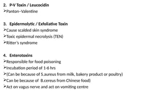 2. P-V Toxin / Leucocidin
Panton–Valentine
3. Epidermolytic / Exfoliative Toxin
Cause scalded skin syndrome
Toxic epidermal necrolysis (TEN)
Ritter’s syndrome
4. Enterotoxins
Responsible for food poisoning
Incubation period of 1-6 hrs
(Can be because of S.aureus from milk, bakery product or poultry)
Can be because of B.cereus from Chinese food)
Act on vagus nerve and act on vomiting centre
 