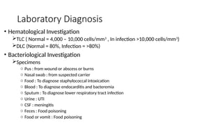 Laboratory Diagnosis
• Hematological Investigation
TLC ( Normal = 4,000 – 10,000 cells/mm3
, In infection >10,000 cells/mm3
)
DLC (Normal = 80%, Infection = >80%)
• Bacteriological Investigation
Specimens
o Pus : from wound or abscess or burns
o Nasal swab : from suspected carrier
o Food : To diagnose staphylococcal intoxication
o Blood : To diagnose endocarditis and bacteremia
o Sputum : To diagnose lower respiratory tract infection
o Urine : UTI
o CSF : meningitis
o Feces : Food poisoning
o Food or vomit : Food poisoning
 