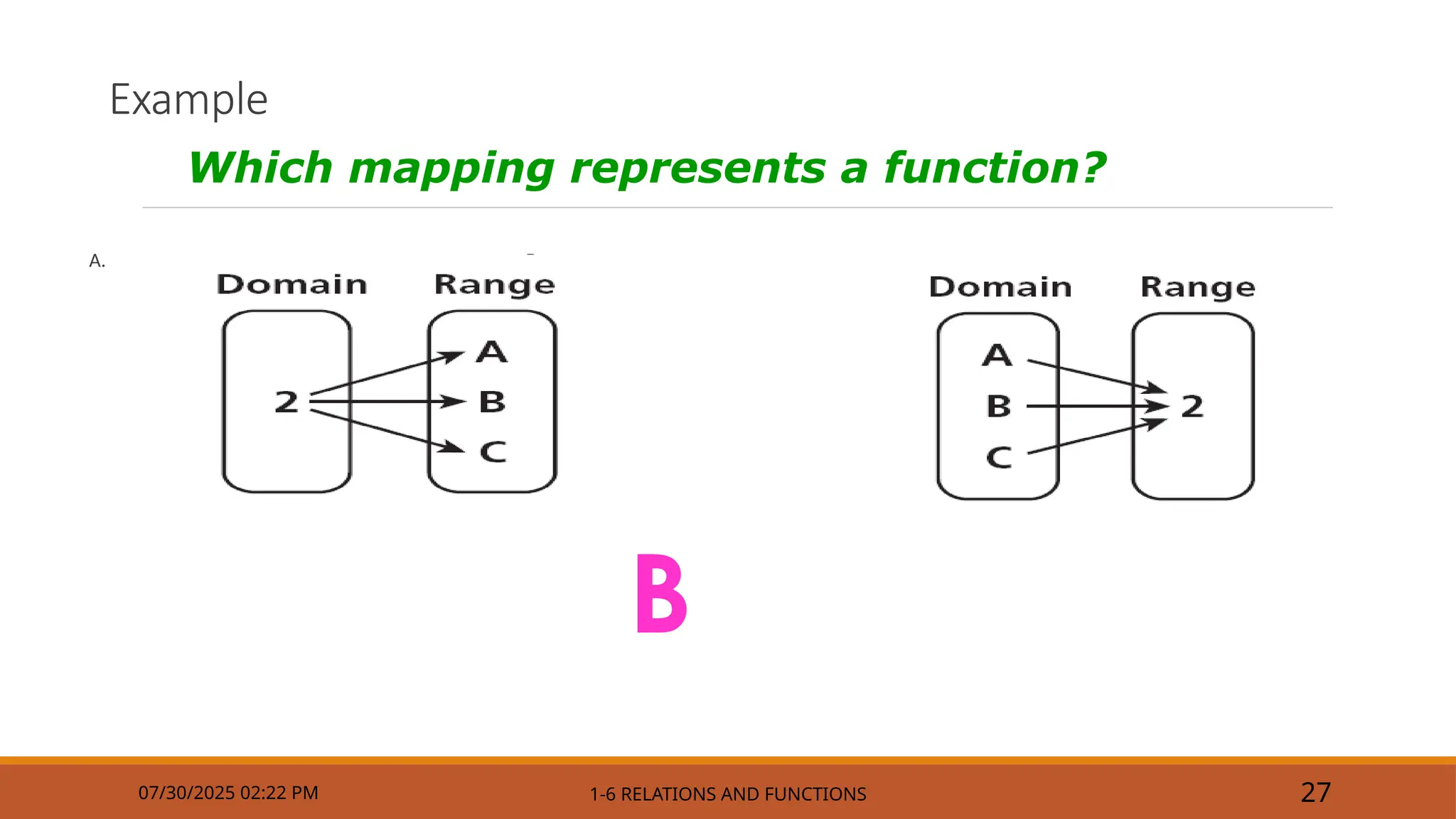 Example
A. B.
07/30/2025 02:22 PM 1-6 RELATIONS AND FUNCTIONS 27
Which mapping represents a function?
B
 