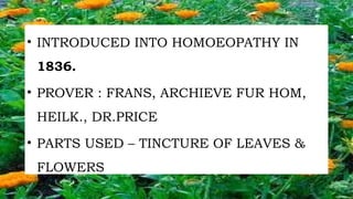 • INTRODUCED INTO HOMOEOPATHY IN
1836.
• PROVER : FRANS, ARCHIEVE FUR HOM,
HEILK., DR.PRICE
• PARTS USED – TINCTURE OF LEAVES &
FLOWERS
 