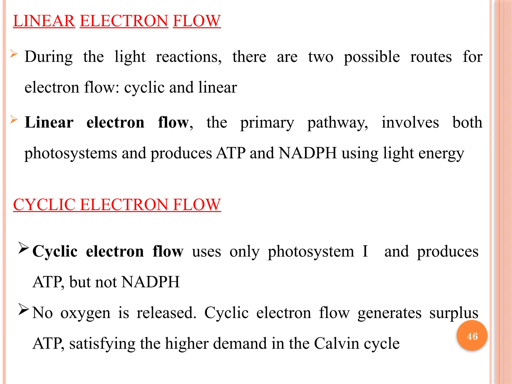 LINEAR ELECTRON FLOW
 During the light reactions, there are two possible routes for
electron flow: cyclic and linear
 Linear electron flow, the primary pathway, involves both
photosystems and produces ATP and NADPH using light energy
CYCLIC ELECTRON FLOW
Cyclic electron flow uses only photosystem I and produces
ATP, but not NADPH
No oxygen is released. Cyclic electron flow generates surplus
ATP, satisfying the higher demand in the Calvin cycle
46
 