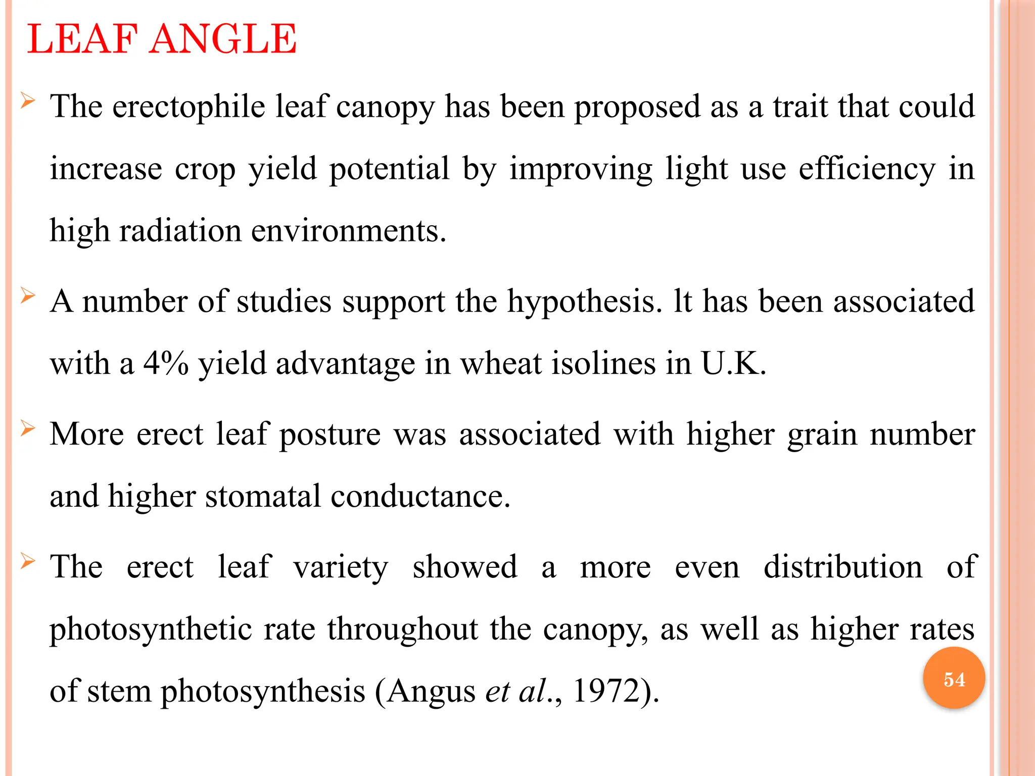 LEAF ANGLE
 The erectophile leaf canopy has been proposed as a trait that could
increase crop yield potential by improving light use efficiency in
high radiation environments.
 A number of studies support the hypothesis. lt has been associated
with a 4% yield advantage in wheat isolines in U.K.
 More erect leaf posture was associated with higher grain number
and higher stomatal conductance.
 The erect leaf variety showed a more even distribution of
photosynthetic rate throughout the canopy, as well as higher rates
of stem photosynthesis (Angus et al., 1972). 54
 