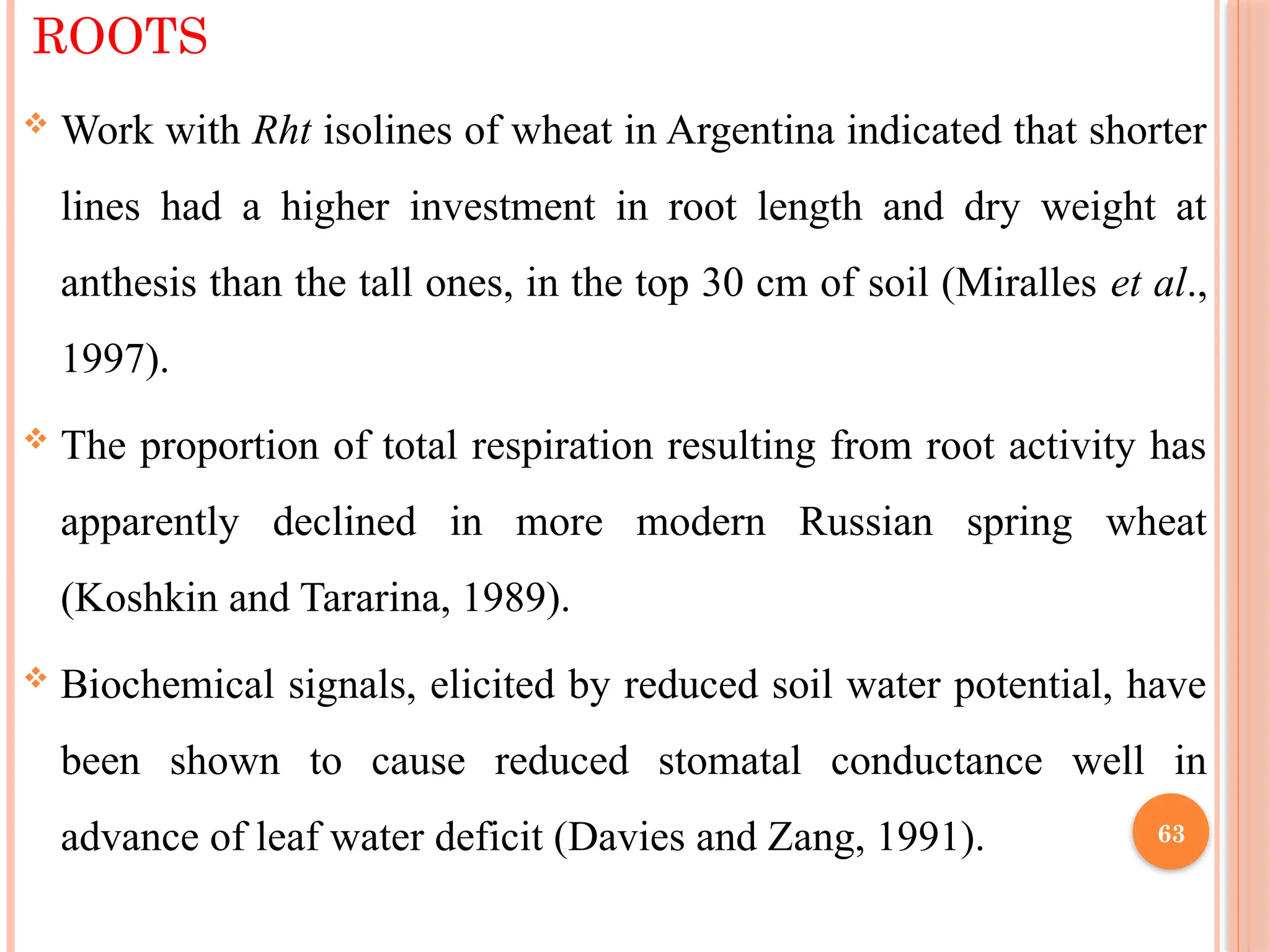 ROOTS
 Work with Rht isolines of wheat in Argentina indicated that shorter
lines had a higher investment in root length and dry weight at
anthesis than the tall ones, in the top 30 cm of soil (Miralles et al.,
1997).
 The proportion of total respiration resulting from root activity has
apparently declined in more modern Russian spring wheat
(Koshkin and Tararina, 1989).
 Biochemical signals, elicited by reduced soil water potential, have
been shown to cause reduced stomatal conductance well in
advance of leaf water deficit (Davies and Zang, 1991). 63
 