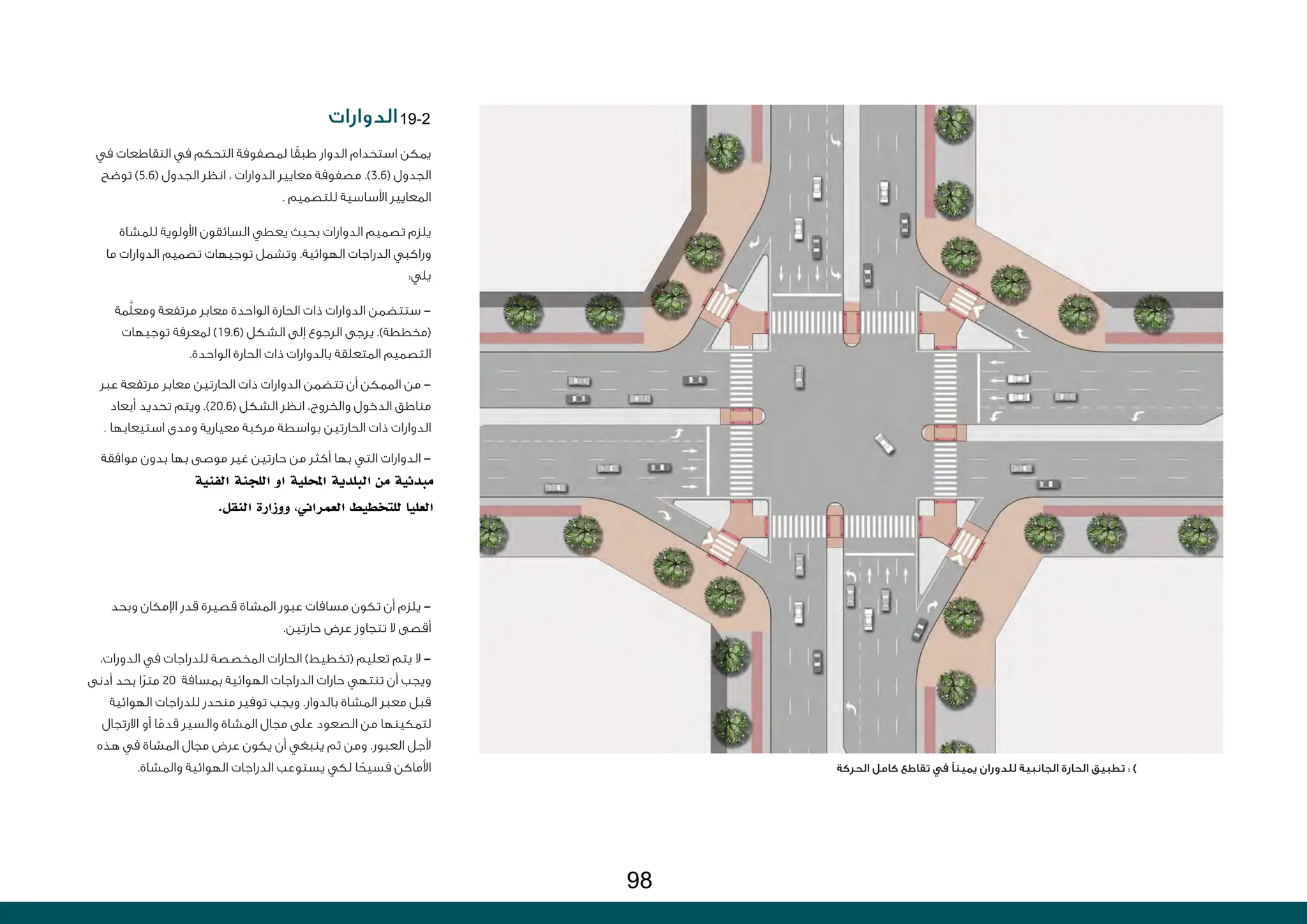 ‫الدوارات‬
‫في‬ ‫التقاطعات‬ ‫في‬ ‫التحكم‬ ‫لمصفوفة‬ ‫ا‬ً‫طبق‬ ‫الدوار‬ ‫استخدام‬ ‫يمكن‬
‫توضح‬ )5.6( ‫الجدول‬ ‫انظر‬ ، ‫الدوارات‬ ‫معايير‬ ‫مصفوفة‬ .)3.6( ‫الجدول‬
. ‫للتصميم‬ ‫األساسية‬ ‫المعايير‬
‫للمشاة‬ ‫األولوية‬ ‫السائقون‬ ‫يعطي‬ ‫بحيث‬ ‫الدوارات‬ ‫تصميم‬ ‫يلزم‬
‫ما‬ ‫الدوارات‬ ‫تصميم‬ ‫توجيهات‬ ‫وتشمل‬ .‫الهوائية‬ ‫الدراجات‬ ‫وراكبي‬
:‫يلي‬
‫مة‬َّ‫ل‬‫ومع‬ ‫مرتفعة‬ ‫معابر‬ ‫الواحدة‬ ‫الحارة‬ ‫ذات‬ ‫الدوارات‬ ‫ستتضمن‬ -
‫توجيهات‬ ‫لمعرفة‬ )19.6( ‫الشكل‬ ‫إلى‬ ‫الرجوع‬ ‫يرجى‬ .)‫(مخططة‬
.‫الواحدة‬ ‫الحارة‬ ‫ذات‬ ‫بالدوارات‬ ‫المتعلقة‬ ‫التصميم‬
‫عبر‬ ‫مرتفعة‬ ‫معابر‬ ‫الحارتين‬ ‫ذات‬ ‫الدوارات‬ ‫تتضمن‬ ‫أن‬ ‫الممكن‬ ‫من‬ -
‫أبعاد‬ ‫تحديد‬ ‫ويتم‬ .)20.6( ‫الشكل‬ ‫انظر‬ ،‫والخروج‬ ‫الدخول‬ ‫مناطق‬
. ‫استيعابها‬ ‫ومدى‬ ‫معيارية‬ ‫مركبة‬ ‫بواسطة‬ ‫الحارتين‬ ‫ذات‬ ‫الدوارات‬
‫موافقة‬ ‫بدون‬ ‫بها‬ ‫موصى‬ ‫غير‬ ‫حارتين‬ ‫من‬ ‫أكثر‬ ‫بها‬ ‫التي‬ ‫الدوارات‬ -
‫وبحد‬ ‫اإلمكان‬ ‫قدر‬ ‫قصيرة‬ ‫المشاة‬ ‫عبور‬ ‫مسافات‬ ‫تكون‬ ‫أن‬ ‫يلزم‬ -
.‫حارتين‬ ‫عرض‬ ‫تتجاوز‬ ‫ال‬ ‫أقصى‬
،‫الدورات‬ ‫في‬ ‫للدراجات‬ ‫المخصصة‬ ‫الحارات‬ )‫(تخطيط‬ ‫تعليم‬ ‫يتم‬ ‫ال‬ -
‫أدنى‬ ‫بحد‬ ‫ا‬ً‫ر‬‫مت‬ 20 ‫بمسافة‬ ‫الهوائية‬ ‫الدراجات‬ ‫حارات‬ ‫تنتهي‬ ‫أن‬ ‫ويجب‬
‫الهوائية‬ ‫للدراجات‬ ‫منحدر‬ ‫توفير‬ ‫ويجب‬ .‫بالدوار‬ ‫المشاة‬ ‫معبر‬ ‫قبل‬
‫االرتجال‬ ‫أو‬ ‫ا‬ً‫قدم‬ ‫والسير‬ ‫المشاة‬ ‫مجال‬ ‫على‬ ‫الصعود‬ ‫من‬ ‫لتمكينها‬
‫هذه‬ ‫في‬ ‫المشاة‬ ‫مجال‬ ‫عرض‬ ‫يكون‬ ‫أن‬ ‫ينبغي‬ ‫ثم‬ ‫ومن‬ .‫العبور‬ ‫ألجل‬
.‫والمشاة‬ ‫الهوائية‬ ‫الدراجات‬ ‫يستوعب‬ ‫لكي‬ ‫ا‬ ً‫فسيح‬ ‫األماكن‬ ‫الحركة‬ ‫كامل‬ ‫تقاطع‬ ‫في‬ ‫يمينًا‬ ‫للدوران‬ ‫الجانبية‬ ‫الحارة‬ ‫تطبيق‬ : )
‫الفنيت‬ ‫اللجنت‬ ‫او‬ ‫احملليت‬ ‫البلديت‬ ‫من‬ ‫مبدئيت‬
‫النقل‬ ‫ووزارة‬ ،‫العمراين‬ ‫للتخطيط‬ ‫العليا‬
.
19-2
98
 