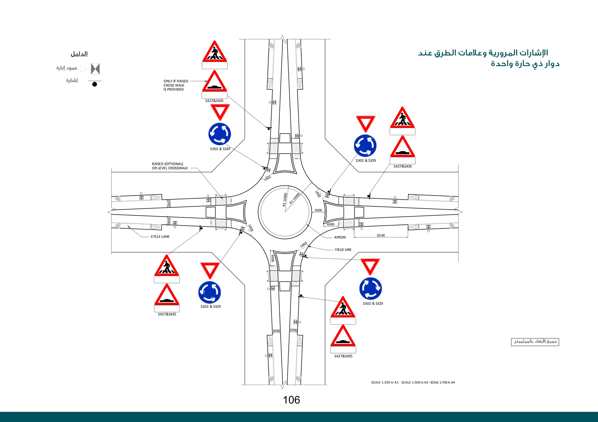 ‫عند‬ ‫الطرق‬ ‫وعالمات‬ ‫المرورية‬ ‫اإلشارات‬
‫واحدة‬ ‫حارة‬ ‫ذي‬ ‫دوار‬
‫إنارة‬ ‫عمود‬
‫إشارة‬
‫الدليل‬
‫بالميليمتر‬ ‫األبعاد‬ ‫جميع‬
S302 & S329
S427&S435
S302 & S329
S427&S435
S427&S435
S302 & S329
S302 & S329
S427&S435
L
6
0
2
L
6
0
2
L602
L602
ONLY IF RAISED
CROSS WALK
IS PROVIDED
RAISED (OPTIONAL)
OR LEVEL CROSSWALK
YIELD LINE
APRON
CYCLE LANE
REV
DRAWING NO.:
DRAWING TITLE:
C
Copyright reserved byOtakInternational
100mm on Original
SCALE: DATE:
DRAWN BY: DESIGNEDBY: CHECKED BY: APPROVEDBY:
PROJECT:
DATUM:
Filename:
REV. DESCRIPTION BY APPD
CHKD
STATUS:
DATE
CLIENT:
CONSULTANT:
-
SCALE:
STREET DESIGN MANUAL
VERSION 1.1
OTAK INTERNATIONAL
1503 AL MASAOODTOWER
P.O. BOX 39192,ABUDHABI
UNITED ARAB EMIRATES
Telepnone.......................+971 (2) 6212611
Fax.................................+971 (2)621 4811
Website: www.otak.com
STANDARD DETAIL
NOT TO BE USED FOR CONSTRUCTION
(SINGLE LANE)
TRAFFIC SIGNS AND
ROAD MARKING AT ROUNDABOUT
CH
00 XXX 00
A3 1:500
A1 1:250
UPC-STD-SK-007 00
SIGN
LIGHT POLE
3000 3000
3000
3000
R2
10
00
0
R
1
1
5
0
0
0
20.00
6000
6000
5000
SCALE 1:250 in A1 - SCALE 1:500 in A3 - SCALE 1:750 in A4
106
 