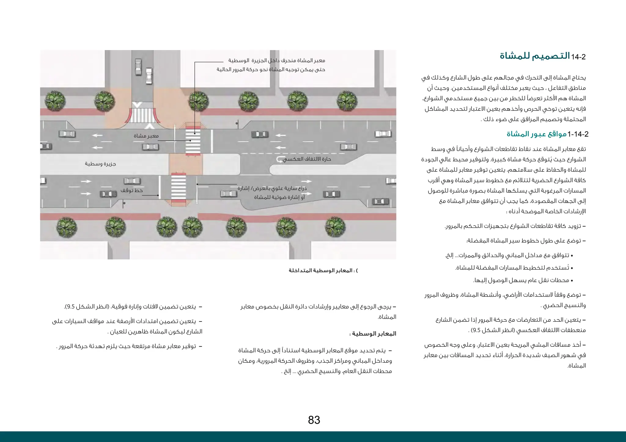 ‫للمشاة‬ ‫التصميم‬
‫في‬ ‫وكذلك‬ ‫الشارع‬ ‫طول‬ ‫على‬ ‫مجالهم‬ ‫في‬ ‫التحرك‬ ‫إلى‬ ‫المشاة‬ ‫يحتاج‬
‫أن‬ ‫وحيث‬ .‫المستخدمين‬ ‫أنواع‬ ‫مختلف‬ ‫يعبر‬ ‫حيث‬ ، ‫التفاعل‬ ‫مناطق‬
،‫الشوارع‬ ‫مستخدمي‬ ‫جميع‬ ‫بين‬ ‫من‬ ‫للخطر‬ ‫تعرضًا‬ ‫األكثر‬ ‫هم‬ ‫المشاة‬
‫المشاكل‬ ‫لتحديد‬ ‫االعتبار‬ ‫بعين‬ ‫وأخذهم‬ ‫الحرص‬ ‫توخي‬ ‫يتعين‬ ‫فإنه‬
. ‫ذلك‬ ‫ضوء‬ ‫على‬ ‫المرافق‬ ‫وتصميم‬ ‫المحتملة‬
‫المشاة‬ ‫عبور‬ ‫مواقع‬
‫وسط‬ ‫في‬ ‫وأحيانًا‬ ‫الشوارع‬ ‫تقاطعات‬ ‫نقاط‬ ‫عند‬ ‫المشاة‬ ‫معابر‬ ‫تقع‬
‫الجودة‬ ‫عالي‬ ‫محيط‬ ‫ولتوفير‬ .‫كبيرة‬ ‫مشاة‬ ‫حركة‬ ‫توقع‬ُ‫ي‬ ‫حيث‬ ‫الشوارع‬
‫على‬ ‫للمشاة‬ ‫معابر‬ ‫توفير‬ ‫يتعين‬ ،‫سالمتهم‬ ‫على‬ ‫والحفاظ‬ ‫للمشاة‬
‫أقرب‬ ‫وهي‬ ‫المشاة‬ ‫سير‬ ‫خطوط‬ ‫مع‬ ‫لتتالئم‬ ‫الحضرية‬ ‫الشوارع‬ ‫كافة‬
‫للوصول‬ ‫مباشرة‬ ‫بصورة‬ ‫المشاة‬ ‫يسلكها‬ ‫التي‬ ‫المرغوبة‬ ‫المسارات‬
‫مع‬ ‫المشاة‬ ‫معابر‬ ‫تتوافق‬ ‫أن‬ ‫يجب‬ ‫كما‬ ،‫المقصودة‬ ‫الجهات‬ ‫إلى‬
: ‫أدناه‬ ‫الموضحة‬ ‫الخاصة‬ ‫اإلرشادات‬
.‫بالمرور‬ ‫التحكم‬ ‫بتجهيزات‬ ‫الشوارع‬ ‫تقاطعات‬ ‫كافة‬ ‫تزويد‬ -
:‫المفضلة‬ ‫المشاة‬ ‫سير‬ ‫خطوط‬ ‫طول‬ ‫على‬ ‫توضع‬ -
.‫إلخ‬ ...‫والممرات‬ ‫والحدائق‬ ‫المباني‬ ‫مداخل‬ ‫مع‬ ‫تتوافق‬ •
.‫للمشاة‬ ‫المفضلة‬ ‫المسارات‬ ‫لتخطيط‬ ‫ُستخدم‬‫ت‬ •
.‫إليها‬ ‫الوصول‬ ‫يسهل‬ ‫عام‬ ‫نقل‬ ‫محطات‬ •
‫المرور‬ ‫وظروف‬ ،‫المشاة‬ ‫وأنشطة‬ ،‫األراضي‬ ‫الستخدامات‬ ‫وفقًا‬ ‫توضع‬ -
. ‫الحضري‬ ‫والنسيج‬
‫الشارع‬ ‫تضمن‬ ‫إذا‬ ‫المرور‬ ‫حركة‬ ‫مع‬ ‫التعارضات‬ ‫من‬ ‫الحد‬ ‫يتعين‬ -
. )9.5 ‫الشكل‬ ‫(انظر‬ ‫العكسي‬ ‫االلتفاف‬ ‫منعطفات‬
‫الخصوص‬ ‫وجه‬ ‫وعلى‬ ،‫االعتبار‬ ‫بعين‬ ‫المريحة‬ ‫المشي‬ ‫مسافات‬ ‫أخذ‬ -
‫معابر‬ ‫بين‬ ‫المسافات‬ ‫تحديد‬ ‫أثناء‬ ،‫الحرارة‬ ‫شديدة‬ ‫الصيف‬ ‫شهور‬ ‫في‬
.‫المشاة‬
‫معابر‬ ‫بخصوص‬ ‫النقل‬ ‫دائرة‬ ‫وإرشادات‬ ‫معايير‬ ‫إلى‬ ‫الرجوع‬ ‫يرجى‬ -
.‫المشاة‬
: ‫الوسطية‬ ‫المعابر‬
‫المشاة‬ ‫حركة‬ ‫إلى‬ ‫استنادًا‬ ‫الوسطية‬ ‫المعابر‬ ‫موقع‬ ‫تحديد‬ ‫يتم‬ -
‫ومكان‬ ،‫المرورية‬ ‫الحركة‬ ‫وظروف‬ ،‫الجذب‬ ‫ومراكز‬ ‫المباني‬ ‫ومداخل‬
. ‫إلخ‬ ... ‫الحضري‬ ‫والنسيج‬ ،‫العام‬ ‫النقل‬ ‫محطات‬
.)9.5 ‫الشكل‬ ‫(انظر‬ ،‫فوقية‬ ‫وإنارة‬ ‫الفتات‬ ‫تضمين‬ ‫يتعين‬ -
‫على‬ ‫السيارات‬ ‫مواقف‬ ‫عند‬ ‫األرصفة‬ ‫امتدادات‬ ‫تضمين‬ ‫يتعين‬ -
. ‫للعيان‬ ‫ظاهرين‬ ‫المشاة‬ ‫ليكون‬ ‫الشارع‬
. ‫المرور‬ ‫حركة‬ ‫تهدئة‬ ‫يلزم‬ ‫حيث‬ ‫مرتفعة‬ ‫مشاة‬ ‫معابر‬ ‫توفير‬ -
‫المتداخلة‬ ‫الوسطية‬ ‫المعابر‬ : )
‫وسطية‬ ‫جزيرة‬
‫مشاة‬ ‫معبر‬
‫توقف‬ ‫خط‬
‫العكسي‬ ‫االلتفاف‬ ‫حارة‬
‫الوسطية‬ ‫الجزيرة‬ ‫داخل‬ ‫منحرف‬ ‫المشاة‬ ‫معبر‬
‫الحالية‬ ‫المرور‬ ‫حركة‬ ‫نحو‬ ‫المشاة‬ ‫توجيه‬ ‫يمكن‬ ‫حتى‬
‫إشارة‬ /‫بالعرض‬ ‫علوي‬ ‫سارية‬ ‫ذراع‬
‫للمشاة‬ ‫ضوئية‬ ‫إشارة‬ ‫أو‬
14-2
1-14-2
83
 